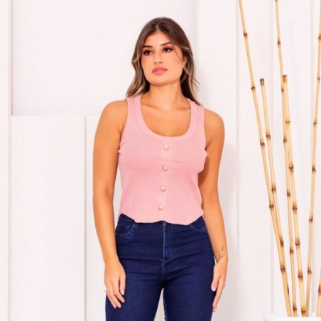 Regata Cropped Tricot Modal Feminina Com Botão