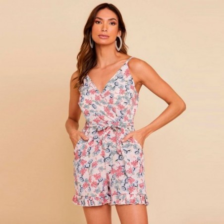 Macaquinho Estampado Com Cinto Decote Transpassado Feminino