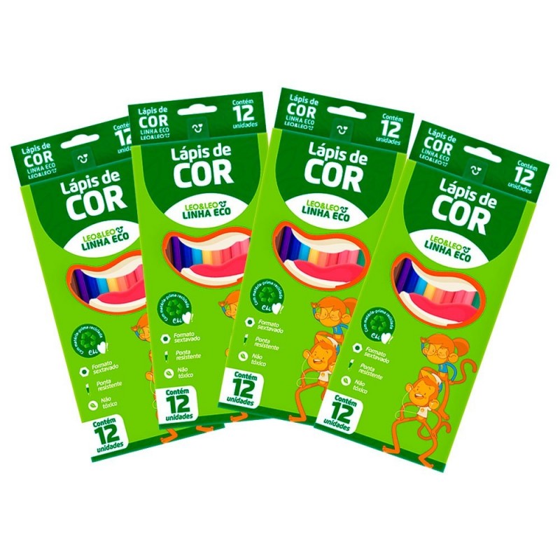 Kit 4 Caixas Lápis De Cor Sextavado 12 Cores Leo E Leo