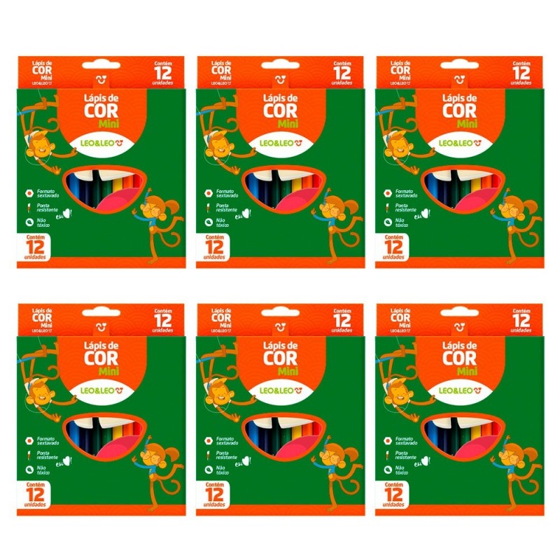 Kit 6 Caixa De Mini Lápis De Cor Sextavado 12 Cores Leo E Leo
