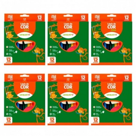 Kit 6 Caixa De Mini Lápis De Cor Sextavado 12 Cores Leo E Leo