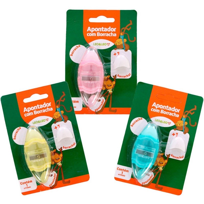 Kit 3 Apontador Escolar Com Depósito E Borracha Leo E Leo