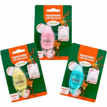 Kit 3 Apontador Escolar Com Depósito E Borracha Leo E Leo