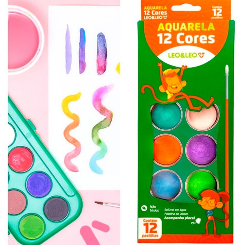 Kit 2 Conjuntos de Aquarela 12 Cores Com Pincel Leo & Leo