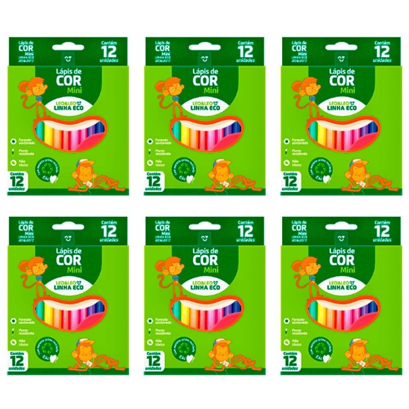 Kit 6 Caixas Mini Lápis De Cor Sextavado 12 Cores Leo E Leo