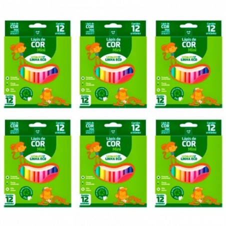 Kit 6 Caixas Mini Lápis De Cor Sextavado 12 Cores Leo E Leo