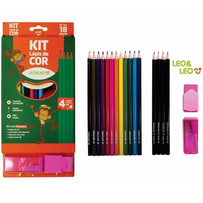 2 Kit Escolar Com Lápis de cor Sextavado C/ Borracha Apontador