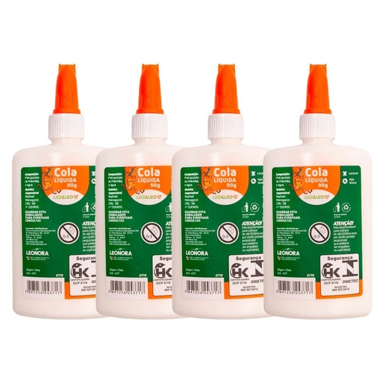 Kit 4 Colas Líquida 90g Branca Escolar Leo & Leo