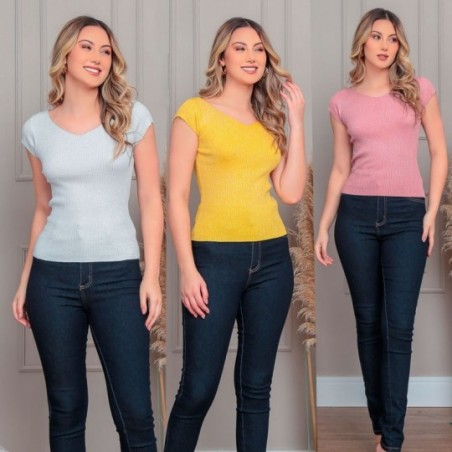 Blusa Feminina Manga Curta Verão Tecido Com Brilho