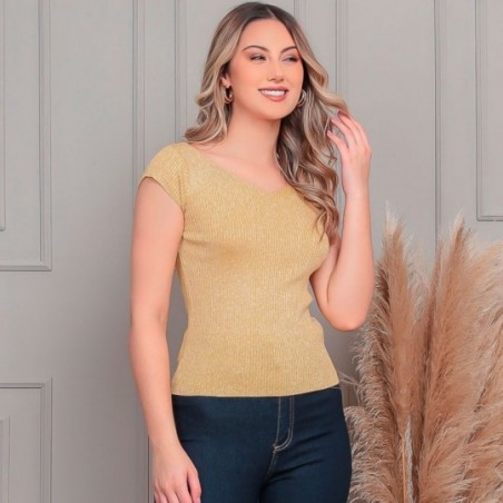 Blusa Feminina Manga Curta Verão Tecido Com Brilho