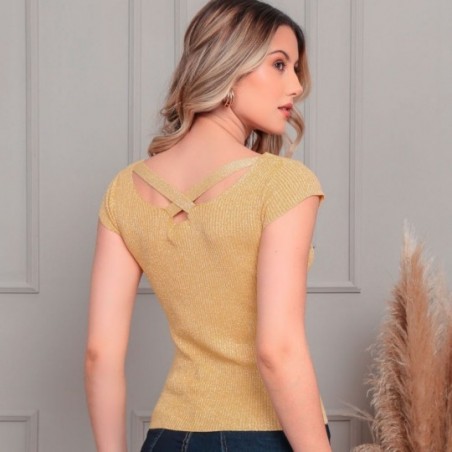 Blusa Feminina Manga Curta Verão Tecido Com Brilho