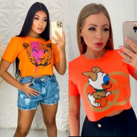 Cropped Blusa Feminina Estampada Com Manga Curta