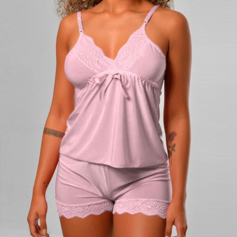 Pijama Baby Doll Feminino Liso Com Renda Blusa E Short