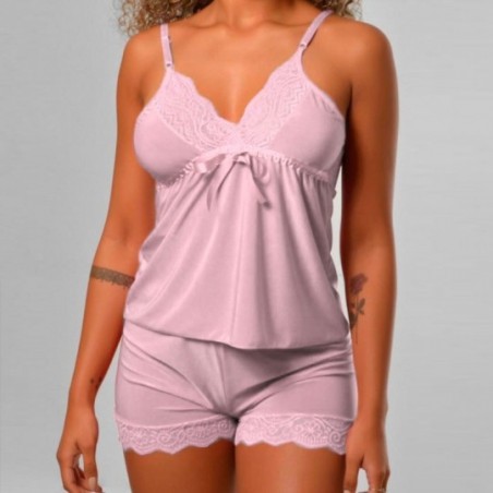 Pijama Baby Doll Feminino Liso Com Renda Blusa E Short