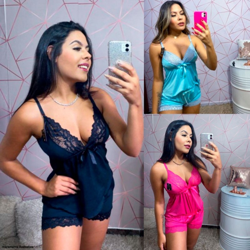Pijama Baby Doll Feminino Liso Com Renda Blusa E Short
