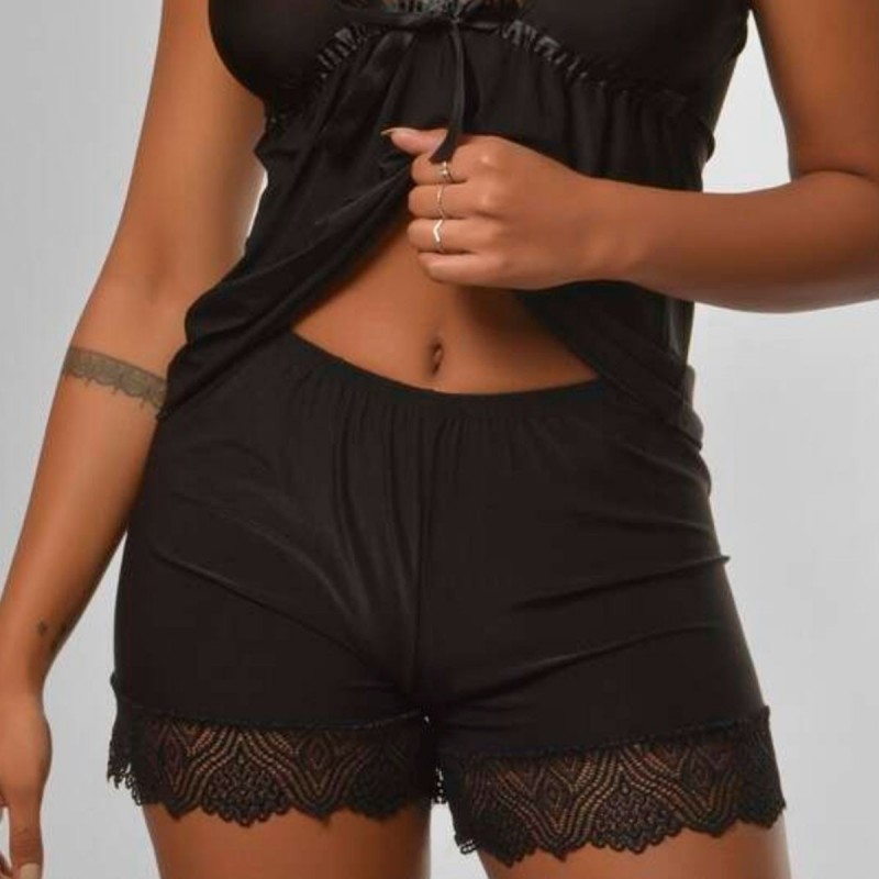 Pijama Baby Doll Feminino Liso Com Renda Blusa E Short