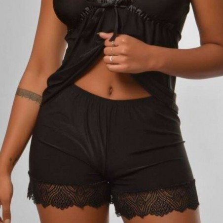 Pijama Baby Doll Feminino Liso Com Renda Blusa E Short