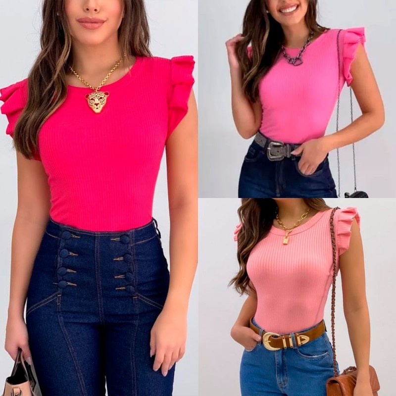 Blusa Regata Feminina Com Babado Na Manga Canelada