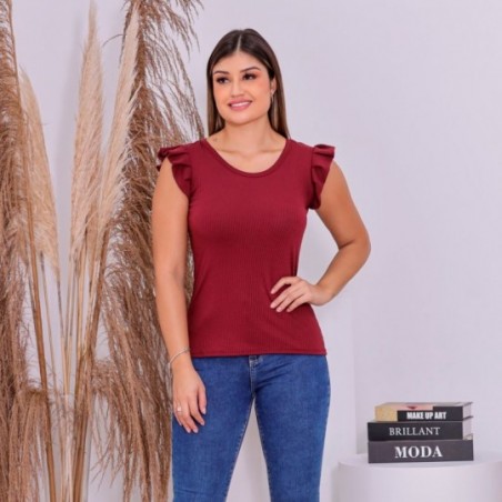 Blusa Regata Feminina Com Babado Na Manga Canelada