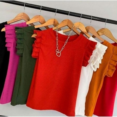 Blusa Regata Feminina Com Babado Na Manga Canelada