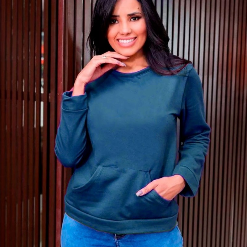 Blusa Moletom Flanelada Feminino Com Bolsos Estampa Lisa Moda Inverno