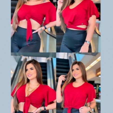 Cropped 2 Em 1 Blusa Feminina Com Amarração Manga Flare - Feira da Madrugada SP