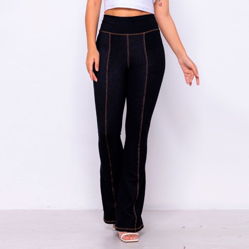 Calça Cotton Flare Jeans Fake Feminina Cintura Alta