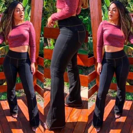Calça Cotton Flare Jeans Fake Feminina Cintura Alta