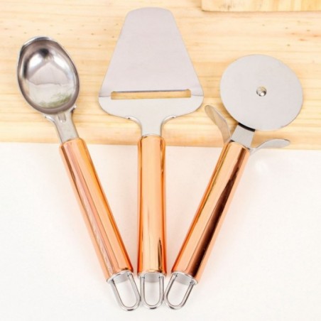Kit Utensílios Rose God Colher Sorvete + Plaina + Cortador Pizza