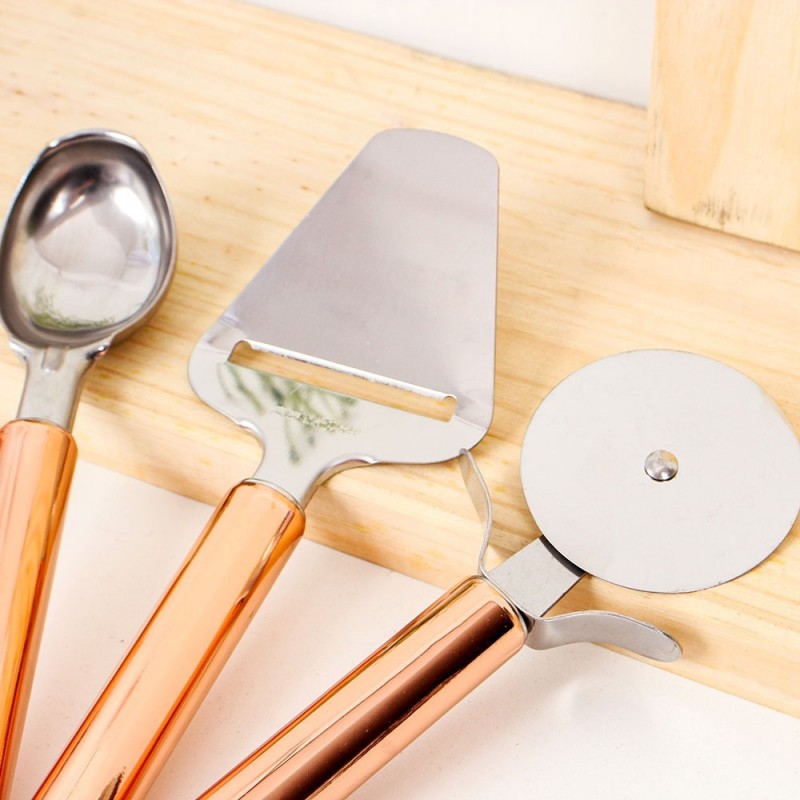 Kit Utensílios Rose God Colher Sorvete + Plaina + Cortador Pizza