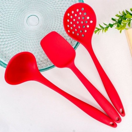 Kit Utensílios Silicone Escumadeira + Concha + Espátula Vermelho
