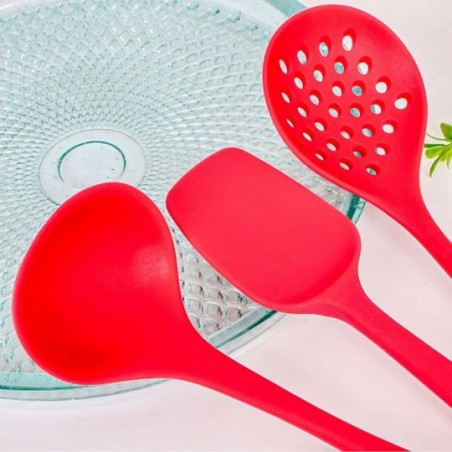 Kit Utensílios Silicone Escumadeira + Concha + Espátula Vermelho