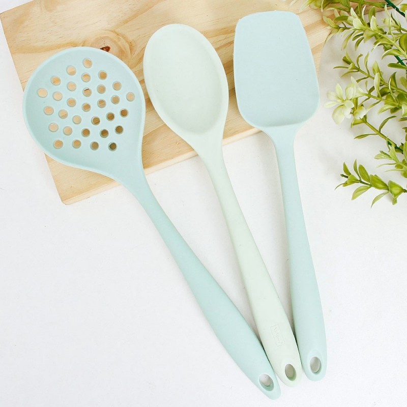 Kit Utensílios Silicone Escumadeira + Colherão + Espátula Verde