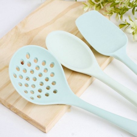 Kit Utensílios Silicone Escumadeira + Colherão + Espátula Verde