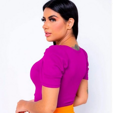 Cropped Blusa Manga Princesa Bufante Canelado Feminina
