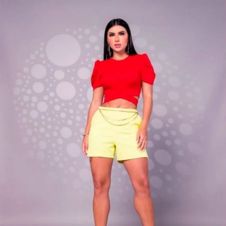 Cropped Manga Bufante Com Amarração Blusa Feminina