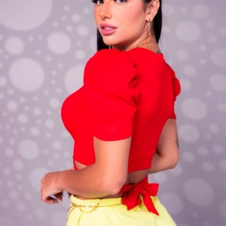 Cropped Manga Bufante Com Amarração Blusa Feminina