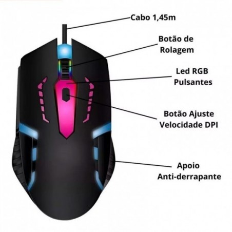 Mouse Gamer RGB Led Color Óptico 3600dpi USB 3.0 2.0
