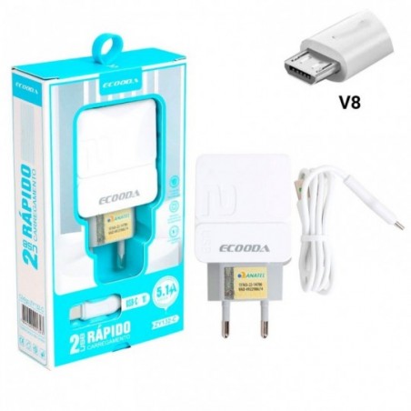 Carregador V8 Completo Cabo USB E Fonte 2 Entradas Ecooda