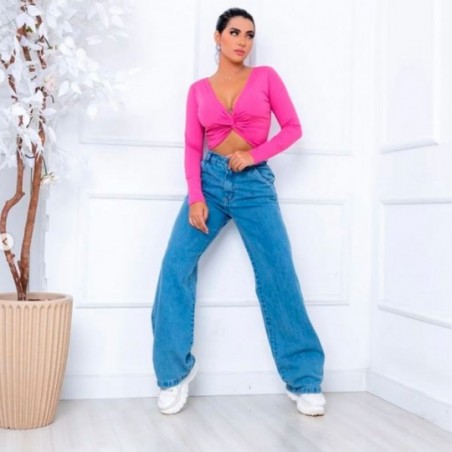 Cropped Blusa Canelado Com Bojo Manga Longa Blogueira Feminina