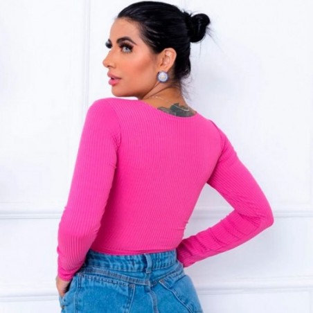 Cropped Blusa Canelado Com Bojo Manga Longa Blogueira Feminina
