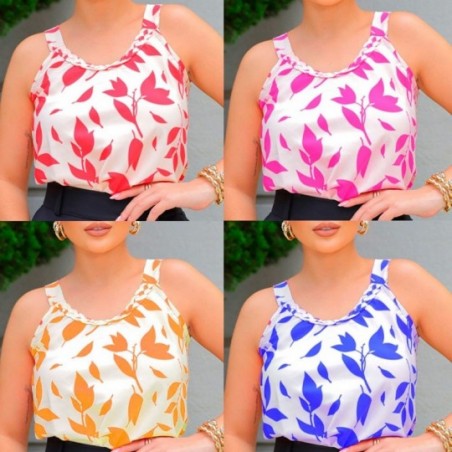 Blusa Regata Com Trançado No Decote Estampa Floral Feminina