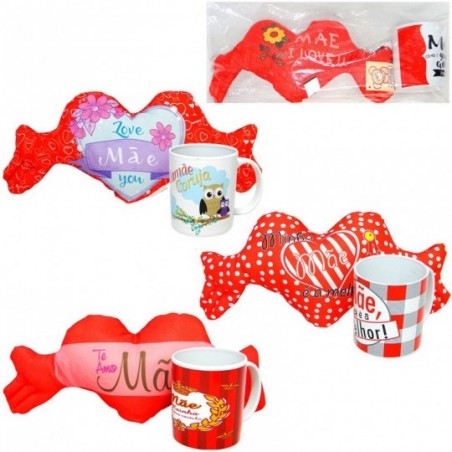 Coração De Pelúcia + Caneca De Plástico Tema Mãe 350 ML
