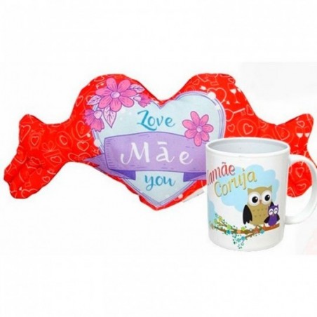 Coração De Pelúcia + Caneca De Plástico Tema Mãe 350 ML