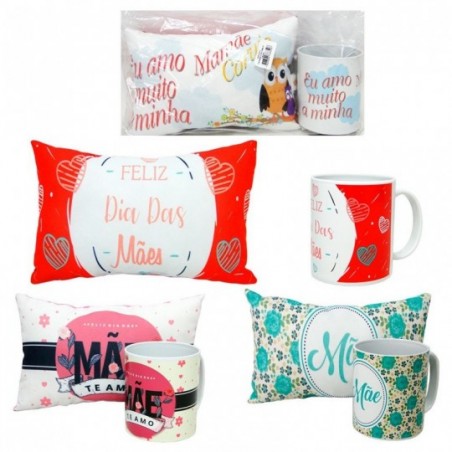 Mini Almofada + Caneca De Plástico Dia Das Mães 350 ML Atacado