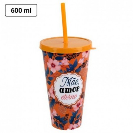 Copo Com Tampa E Canudo Plático Tema Dia Das Mães 600ML Atacado