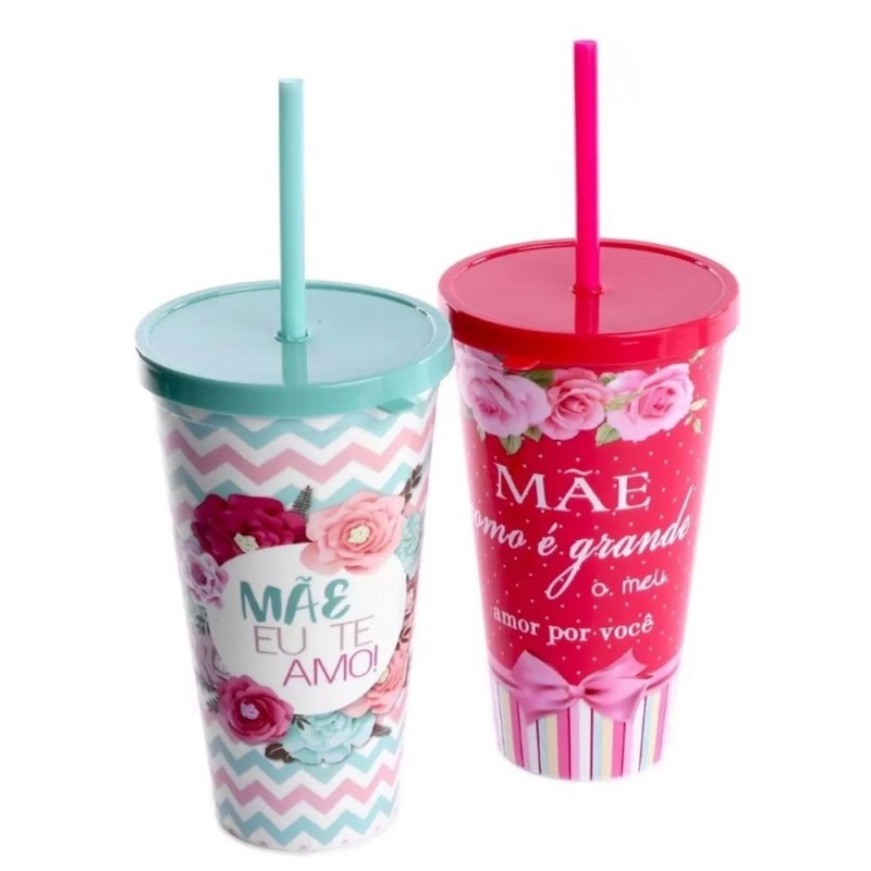 Copo Com Tampa E Canudo Plático Tema Dia Das Mães 600ML Atacado