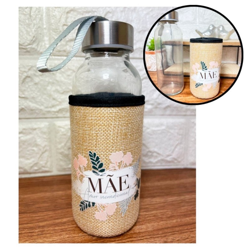 Garrafa De Vidro Capa Neoprene Com Tampa Inox 300ML Dia Das Mães