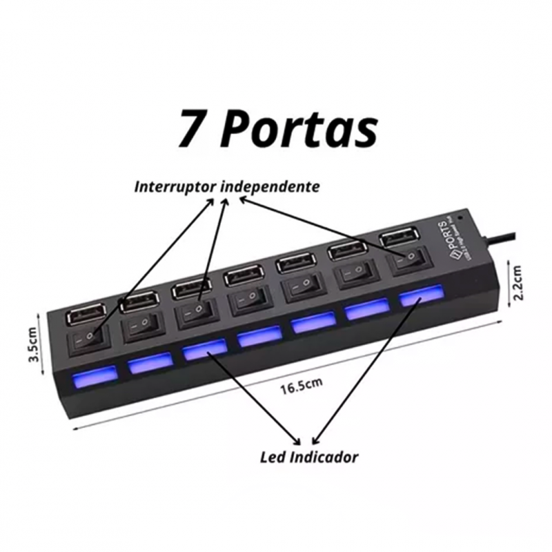 Hub Usb 2.0 7 Portas Switch On/off E Led Indicador