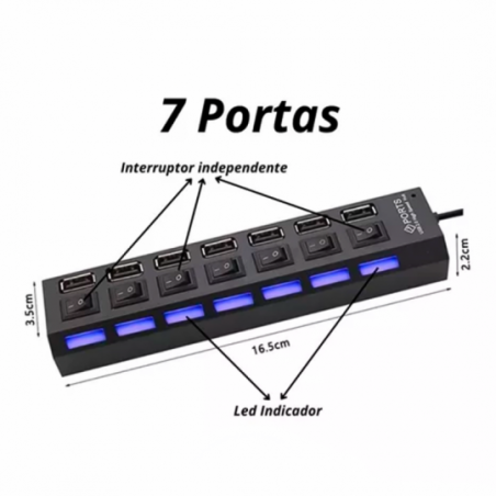 Hub Usb 2.0 7 Portas Switch On/off E Led Indicador